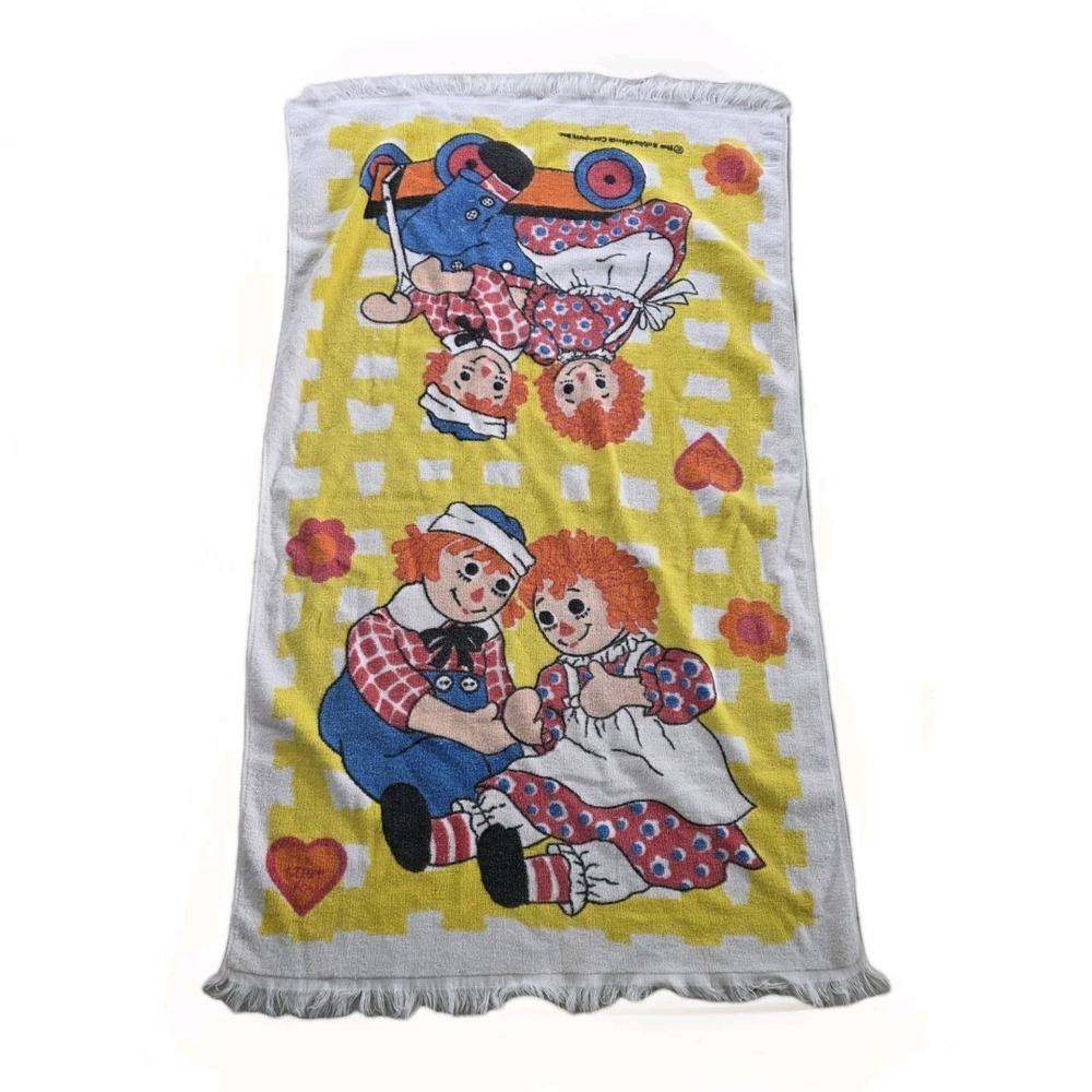 Vintage Wamsutta Raggedy Ann & Andy Bath Towel 23" x 39" Yellow Checkerboard